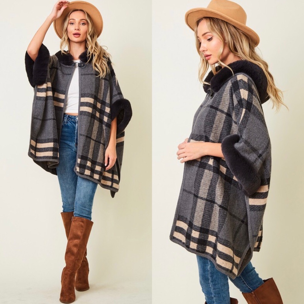 Gray & Cream Brushed Plaid Faux Fur Hooded Poncho - Picture 9 of 11